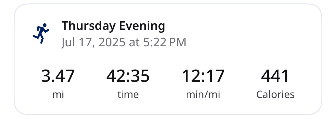 A workout summary displays 3.47 miles covered in 42 minutes and 35 seconds at a pace of 12:17 per mile, burning 441 calories on Thursday evening, July 17, 2025, at 5:22 PM.